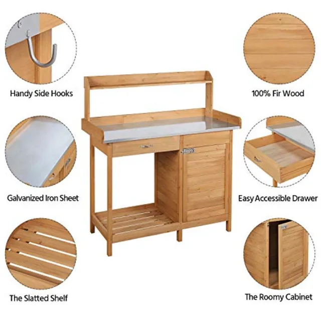Outdoor potting bench table work station for gardening: natural wood brown weather-resistant with cabinet drawer top shelf and