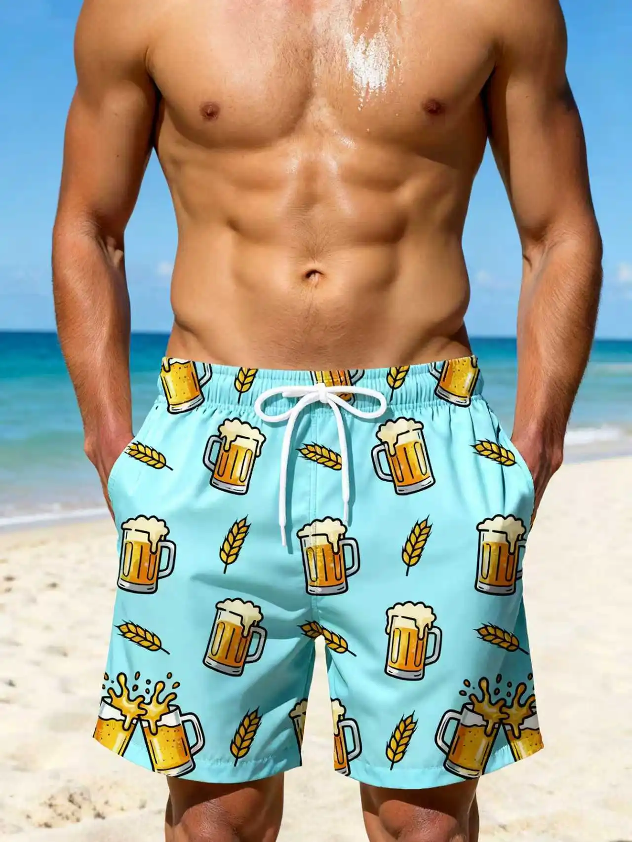 Herren Badeshorts mit Bier-Print, Schnelltrocknend, Hellblau mit Elastischem Bund und Kordelzug, Strandshorts mit Taschen, Sommer Casual Surf Board