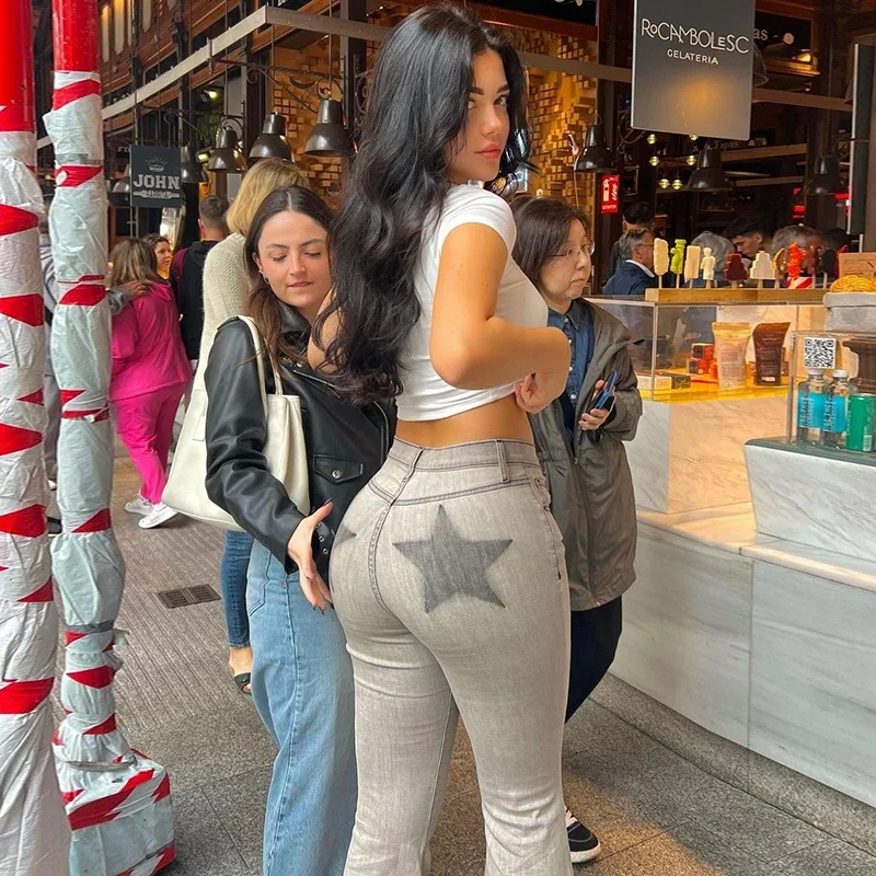 Streetwear Stitched Jeans Vintage Printing Casual Low Rise Flared Jeans Streetwear Women Slim Denim Solid New Trousers TYFS53