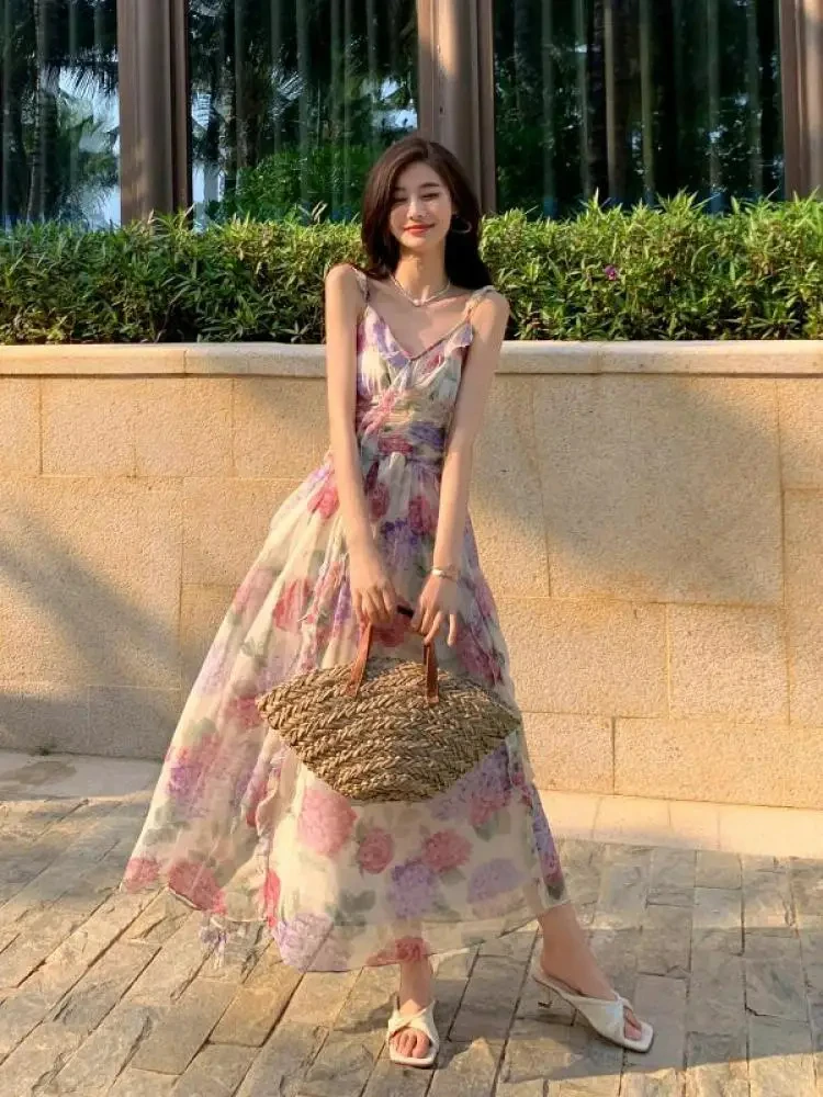 Женское винтажное платье без рукавов, Элегантное Длинное платье с цветочным принтом и оборками, модель 2024 в Корейском стиле на бретелях, лето