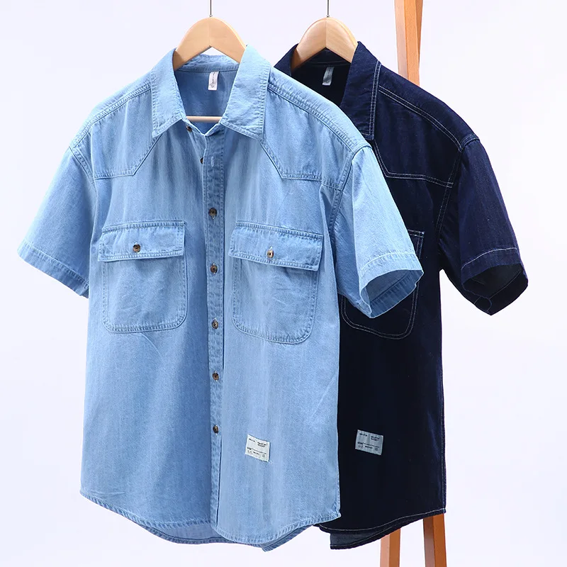 Summer Mens Short Sleeve Denim Shirt Retro Casual Workwear Square Collar Double Pockets Loose Jean Shirts Korean Popular Clothes