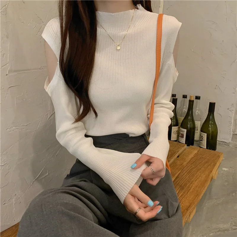 

Autumn New Cutout Off Shoulder Half High Collar Pullover Knitted Women's Slim Fit Top Women's Trend