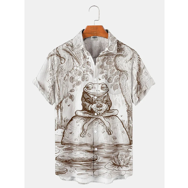Camisa hawaiana divertida para hombre, estampado 3D de rana, blusa hawaiana de verano para playa, blusa informal de manga corta con solapa, ropa de calle para hombre