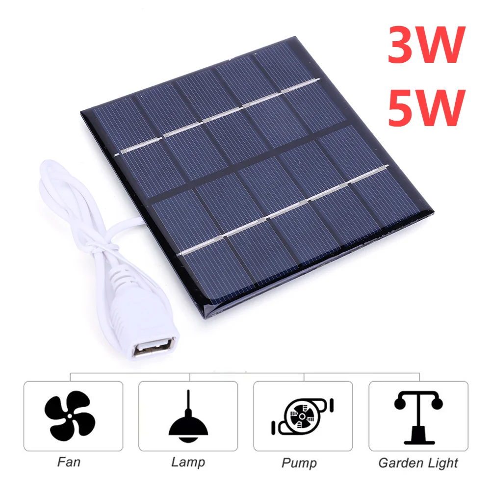 Portable Solar Charger Panel 3/5W USB Output For 3.7V Battery