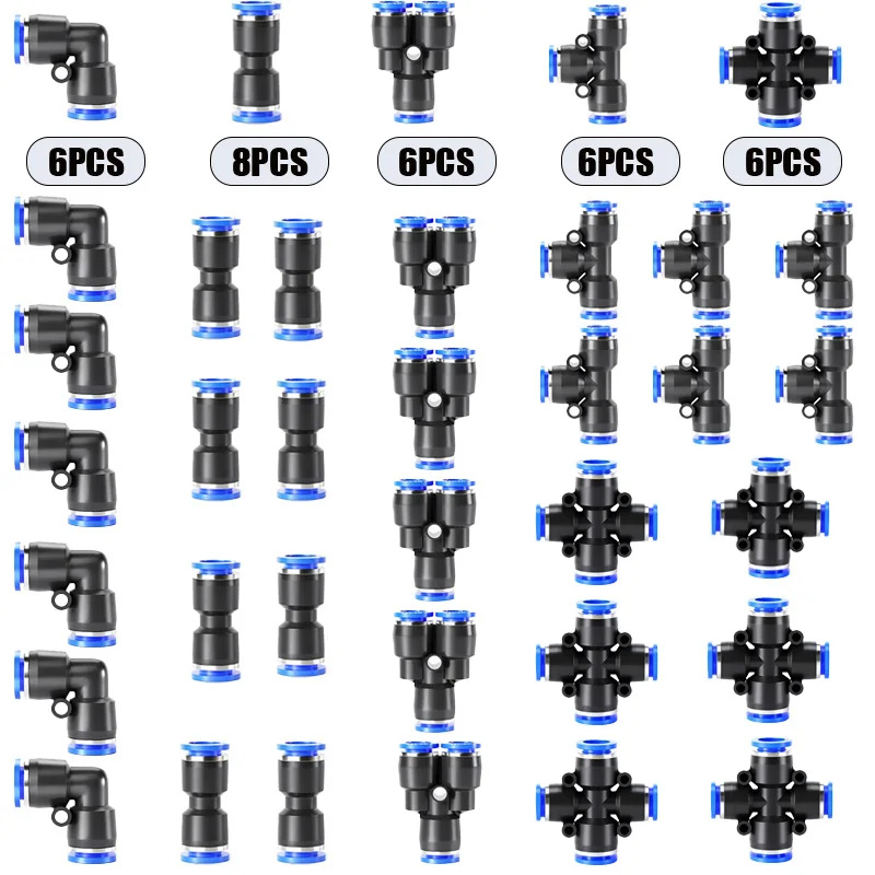 32PCS Pneumatic Fittings Kit 4mm 6mm 8mm 10mm Push to Connect Air Hose Connectors Straight Elbow Tee Y Splitter Quick Release 2