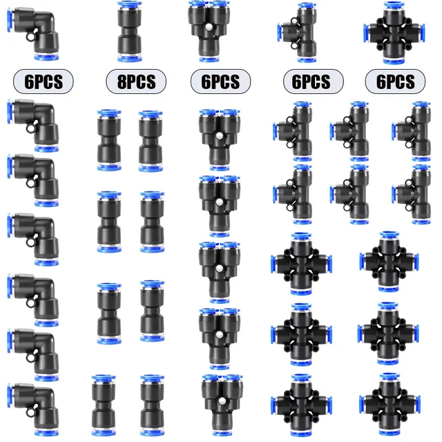 32PCS Pneumatic Fittings Kit 4mm 6mm 8mm 10mm Push to Connect Air Hose Connectors Straight Elbow Tee Y Splitter Quick Release 2