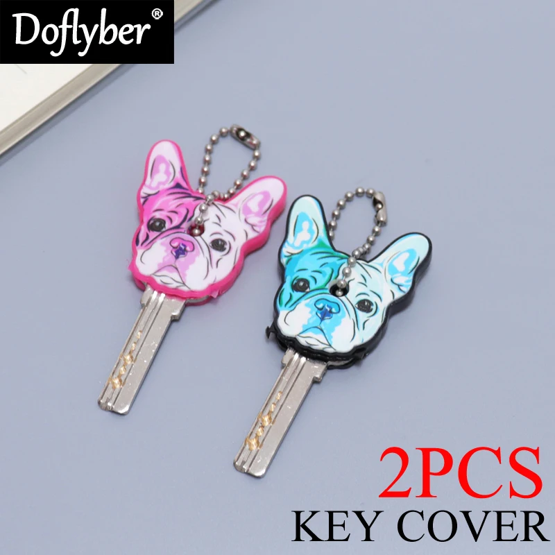 2Pcs Cute Silicone French Bulldog Dog Key Cover Cap Keychain Women Key Chain Ring Girls Kids Bag Charm Accessories Pendant Gifts