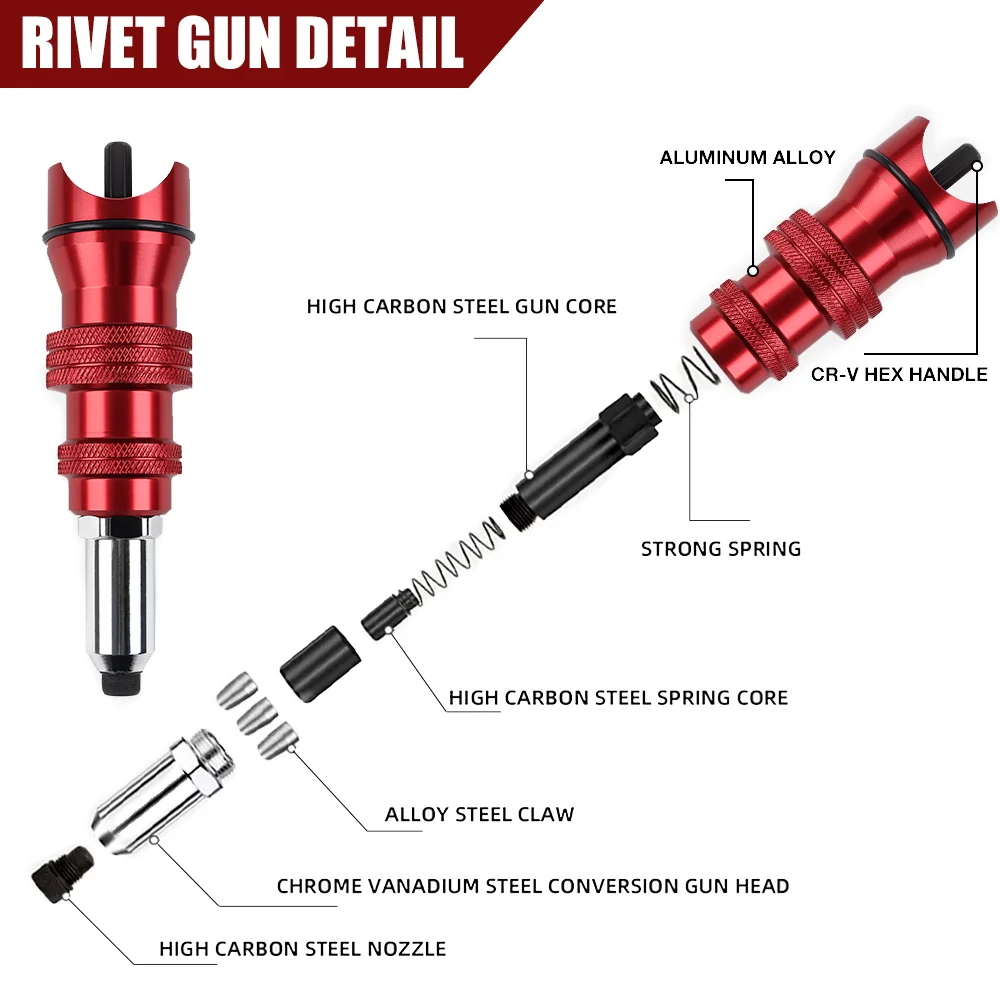 Rivet Gun Rivet Gun Part Electric Rivet Gun Adapter 2.4mm-3.2mm-4.0mm-4.8mm Home Core Blind Rivet Gun Aluminum Alloy Riveting Tools Cordless Gun