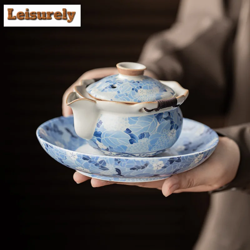 Blue and White Ru Kiln Porcelain Tea Set Complete Set Handmade Tea Ceremony Set Tea Making Teapot and Tea Cup Set Teaware Craft