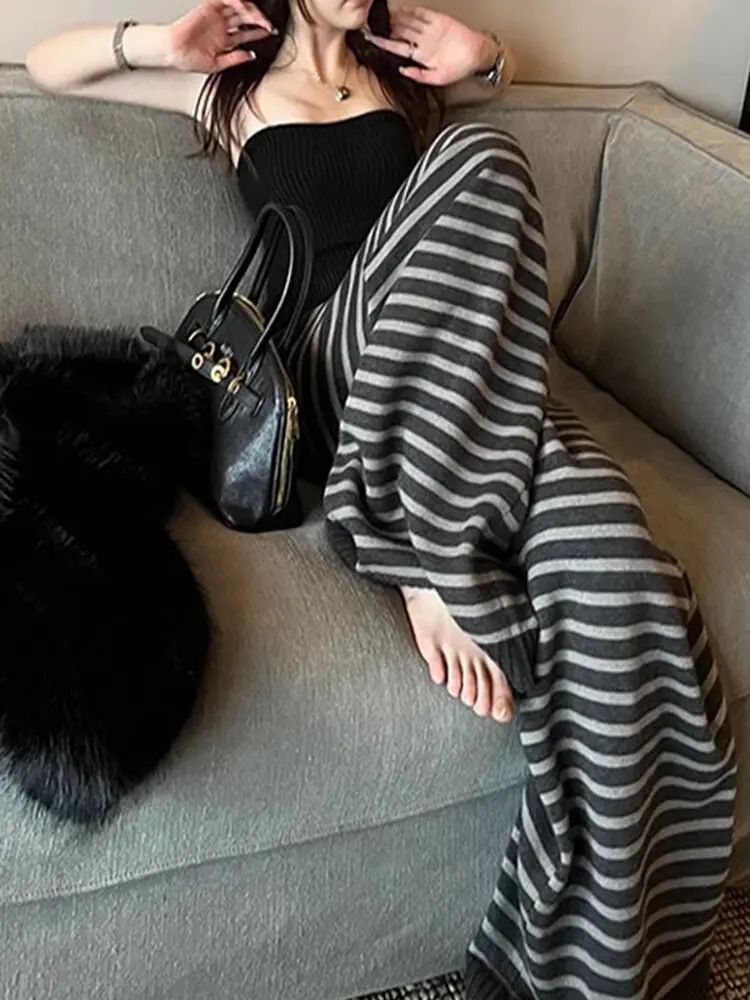 Harajuku Contrast Color Stripe Wide Leg Trousers Vintage Grunge Loose Knitted Casual Pant Y2k Aesthetic Women Straight Pants_ecoleips.com