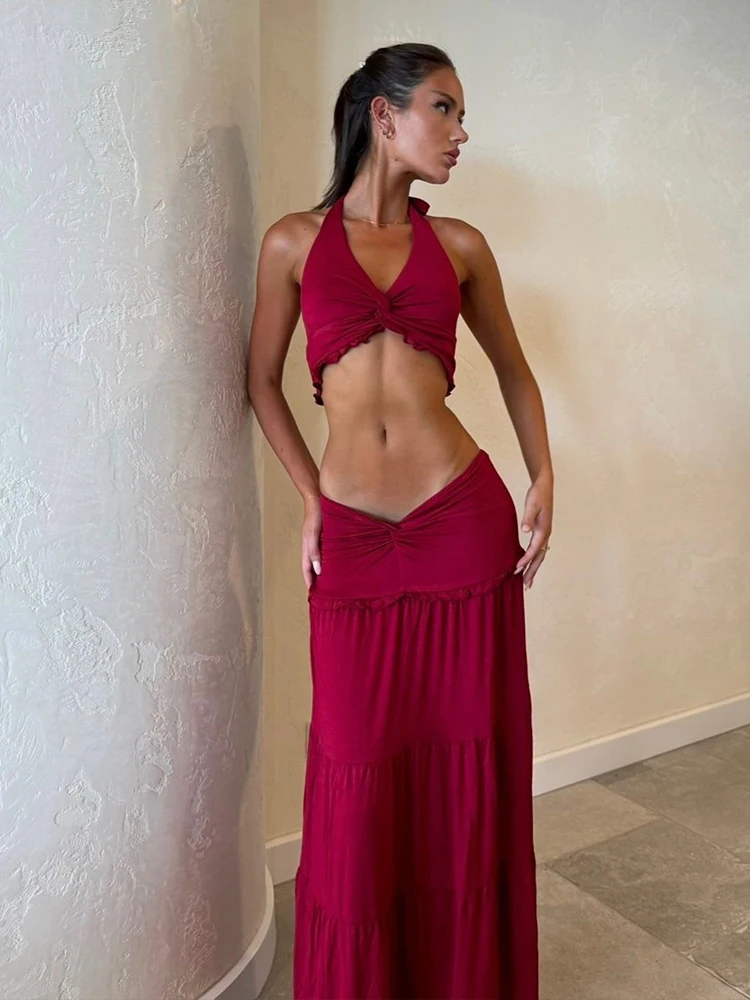 Nibber Vacation 2 Piece Set Women Halter Backless Crop Camisole+Elastic Waist Ruffles Long Skirts Ruched Elegant Street Suits