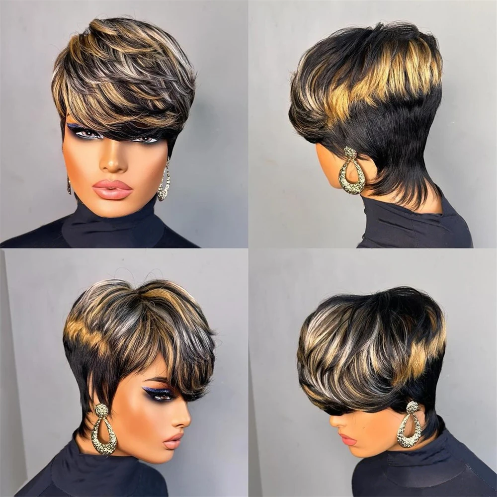 Human Hair Wigs Pixie Cut Wig For Black Women Full Machine Made Short Layered With Bangs