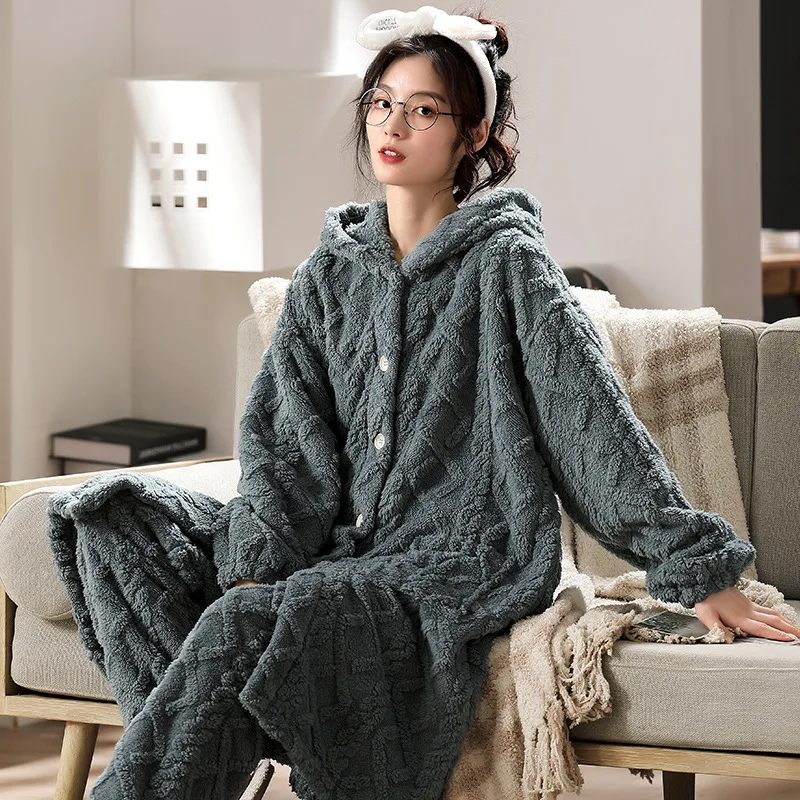 winter-women's-sleepwear-long-robe-pant-flannel-pajamas-set-solid-color-nightgowns-female-girl-home-clothes-pijamas-feminino