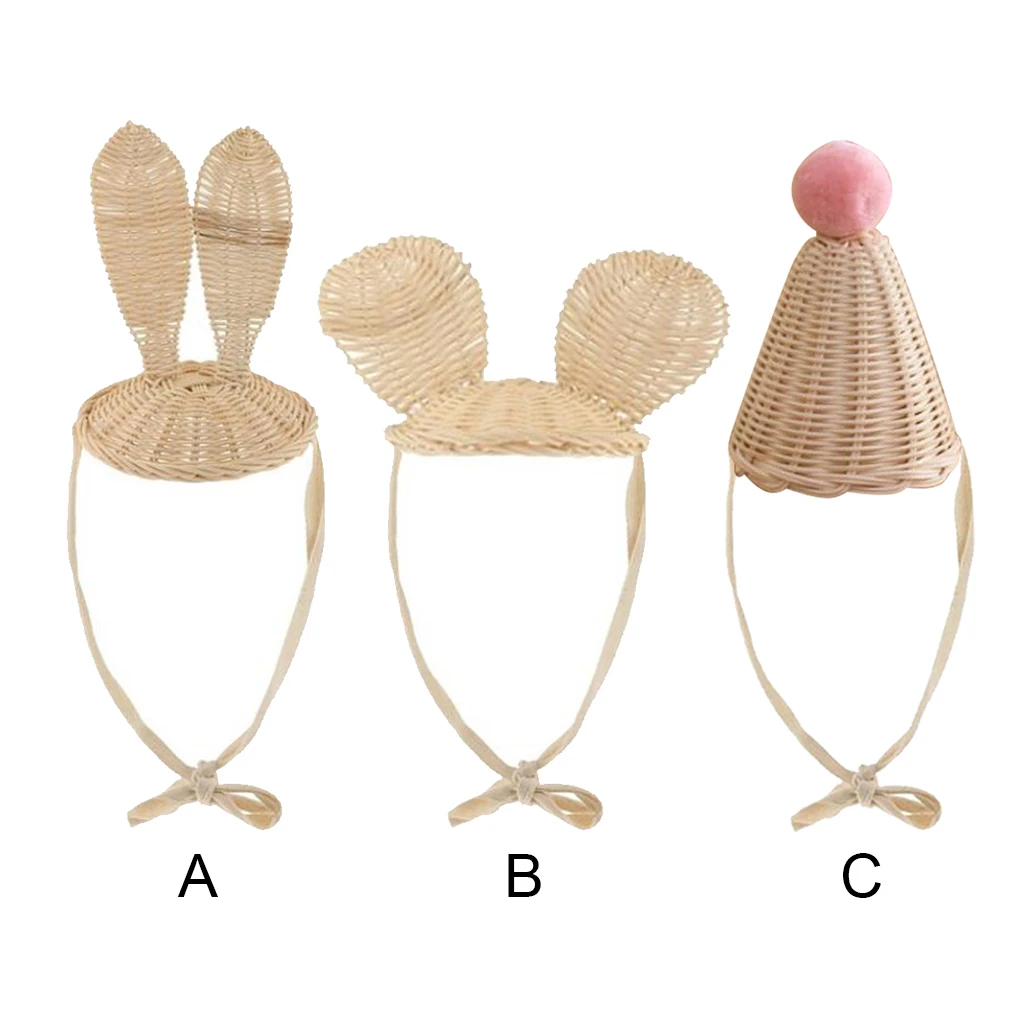 Children Hat Spring Photography Props Rattan Weaving Fashion Ear Design Cartoon Hats Boys School Holiday Mouse Ears