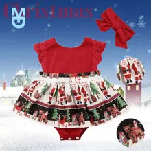 

New born Girls Variegated Romper, Printing Christmas Patterns Princess Baby Jumpsuit with Headband