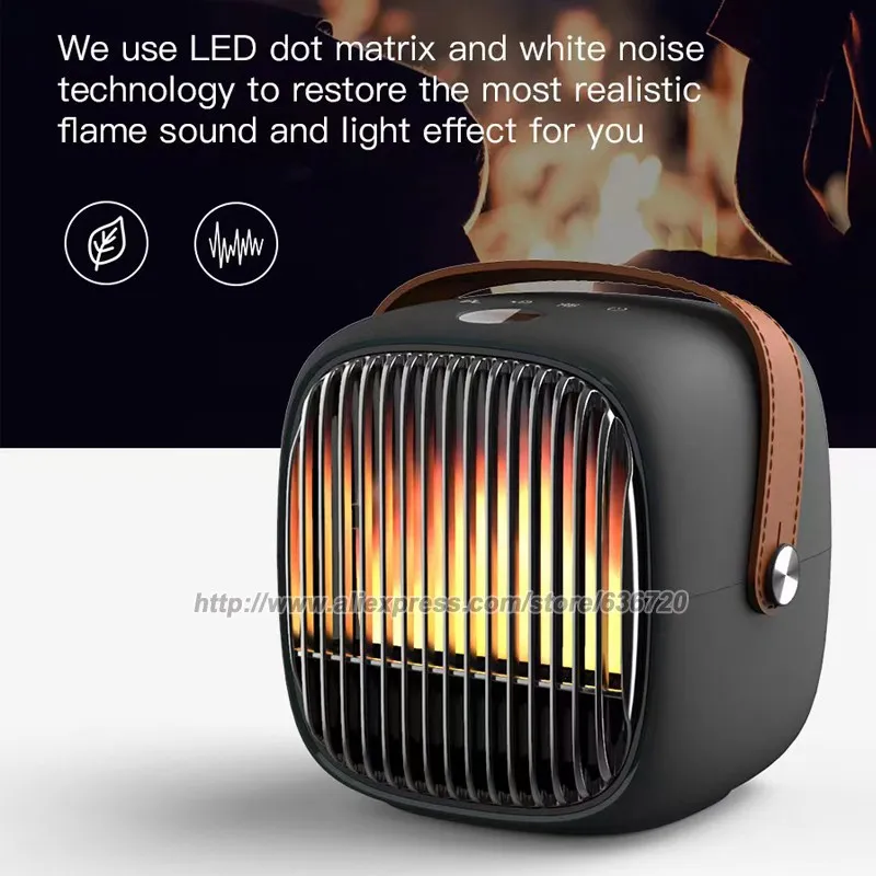 Portable Space Heater with Thermostat, for indoor use with realistic 3D flame, 800W PTC Ceramic Heating, Tip-Over Safety Switch