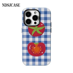 Luxury Double - Layer Blue Plaid Phone Case with Tomatoes Design - iPhone 14 Plus (FLR - TS32308A1)