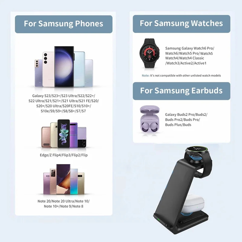 Wireless Charger 3 in 1 Wireless Charger Stand For Samsung Galaxy S23 S22 S21 Watch 6 Pro/5/4/3 Active 1 2 Buds 2 Pro Plus Fast Charging Station