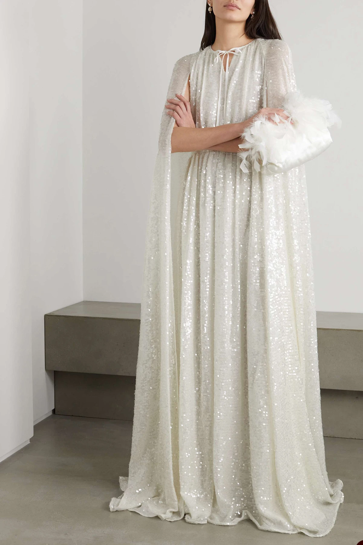 

White Sequin Prom Dresses Luxury Elegant With Shawl Floor Length Women Formal Evening Gowns O Neck Formal Occasion Party Dress