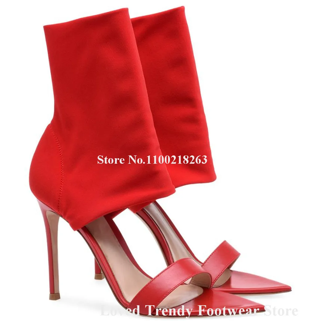 

Sexy Red Black Bandage Stiletto Heel Gladiator Sadnals Pointed Open Toe Cut-out Thin Heel Sock Ankle Booties Party Heels