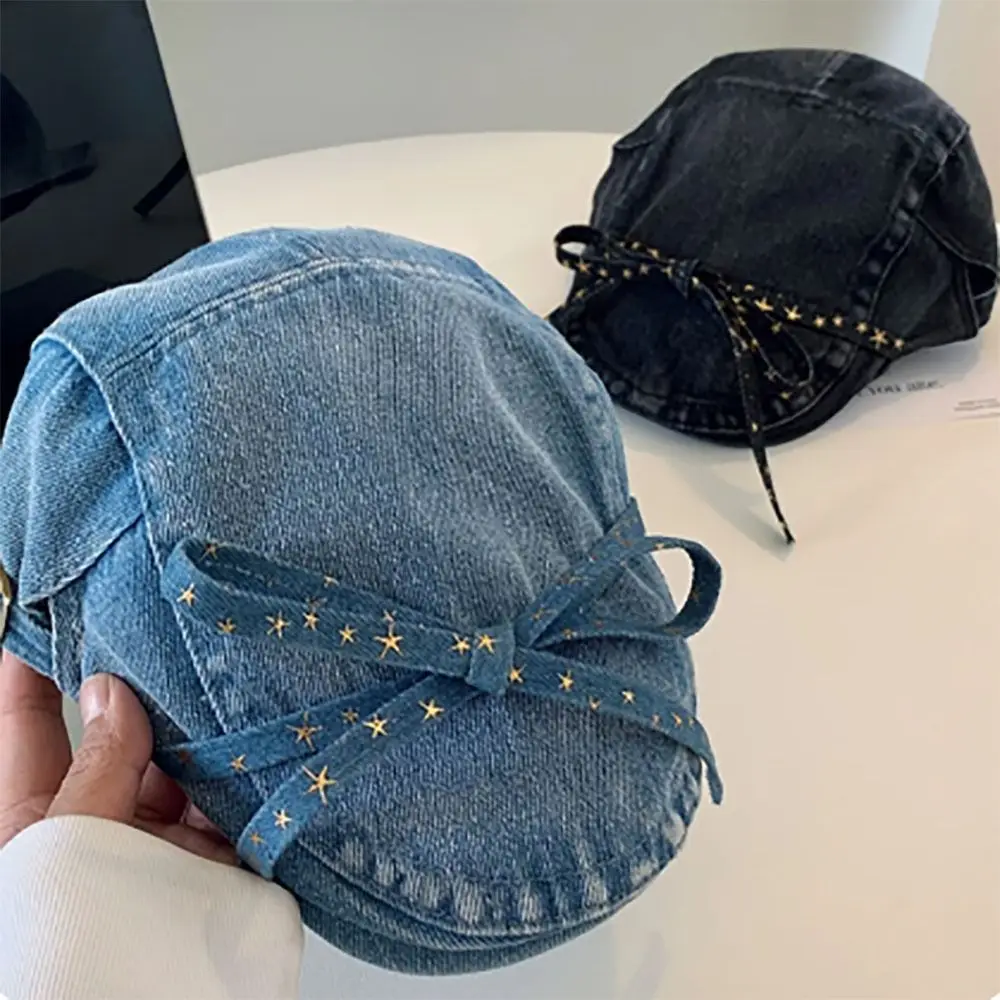 Original Bow Strap Design Berets Caps for Women Spring and Summer Travel Ins Versatile Sunscreen Retro Denim Forward Hats