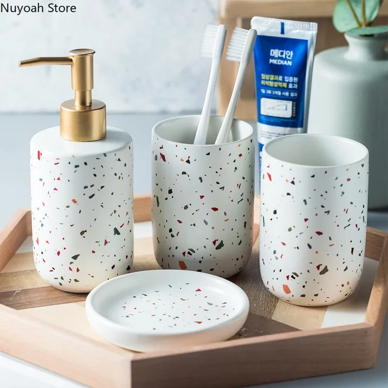 European Bathroom Decoration Set Terrazzo Ceramic Emulsion Bottle Gargle Cup Soap Dish Art Supplies