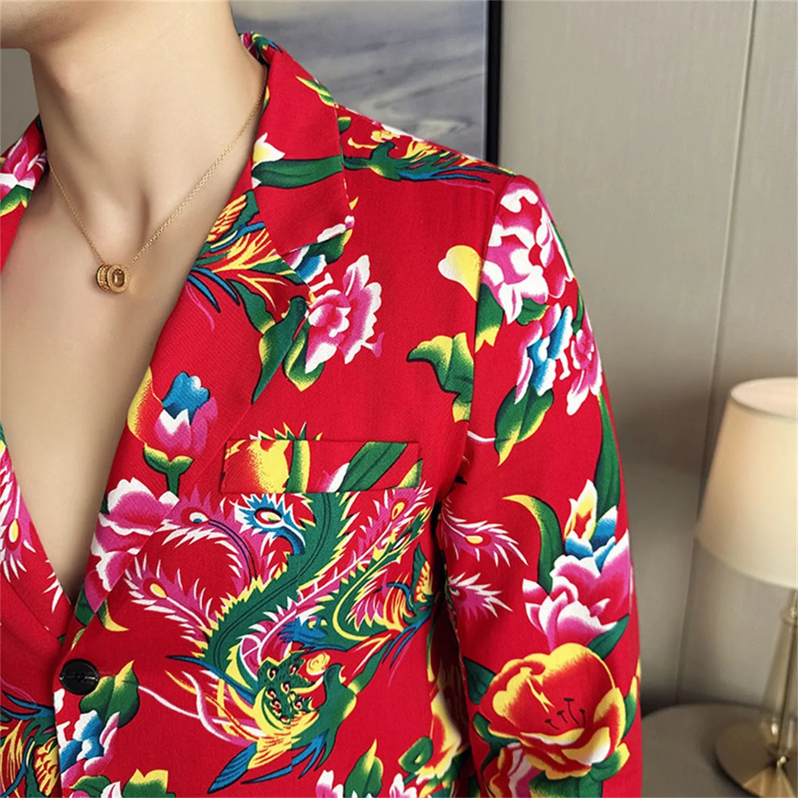 Mens Long Sleeve Button Floral Printed Suit Coat, Men's V-Neck Single Button Red Nostalgic Style Long Sleeve Coat