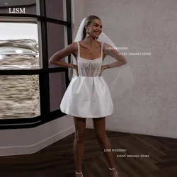 LISM Sexy Glitter Short Mini Pearls Lace Bridal Dresses Saudi Arabic Square Collar A-Line Robe De Mariage Wedding Party Dress