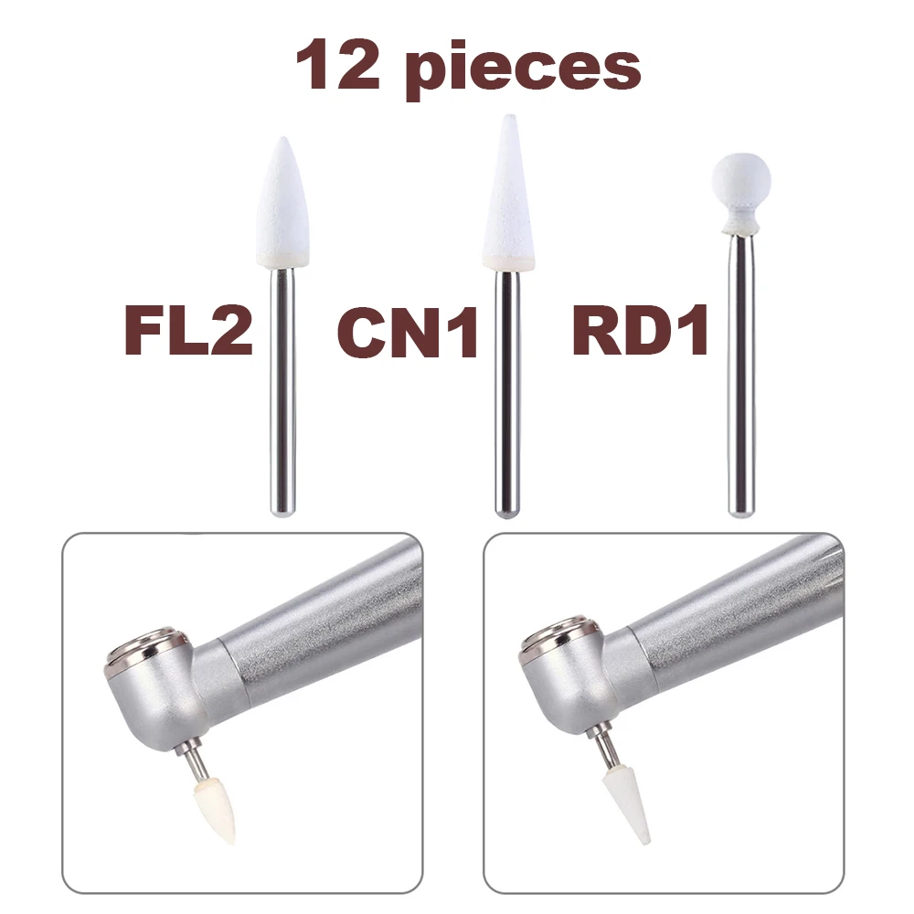 

12pcs Dental Ceramic Polishing Head White Stone Grinding Head FG Burs FL2 CN1 RD1 Fit High Speed Handpiece 1.6mm Dentist Tools