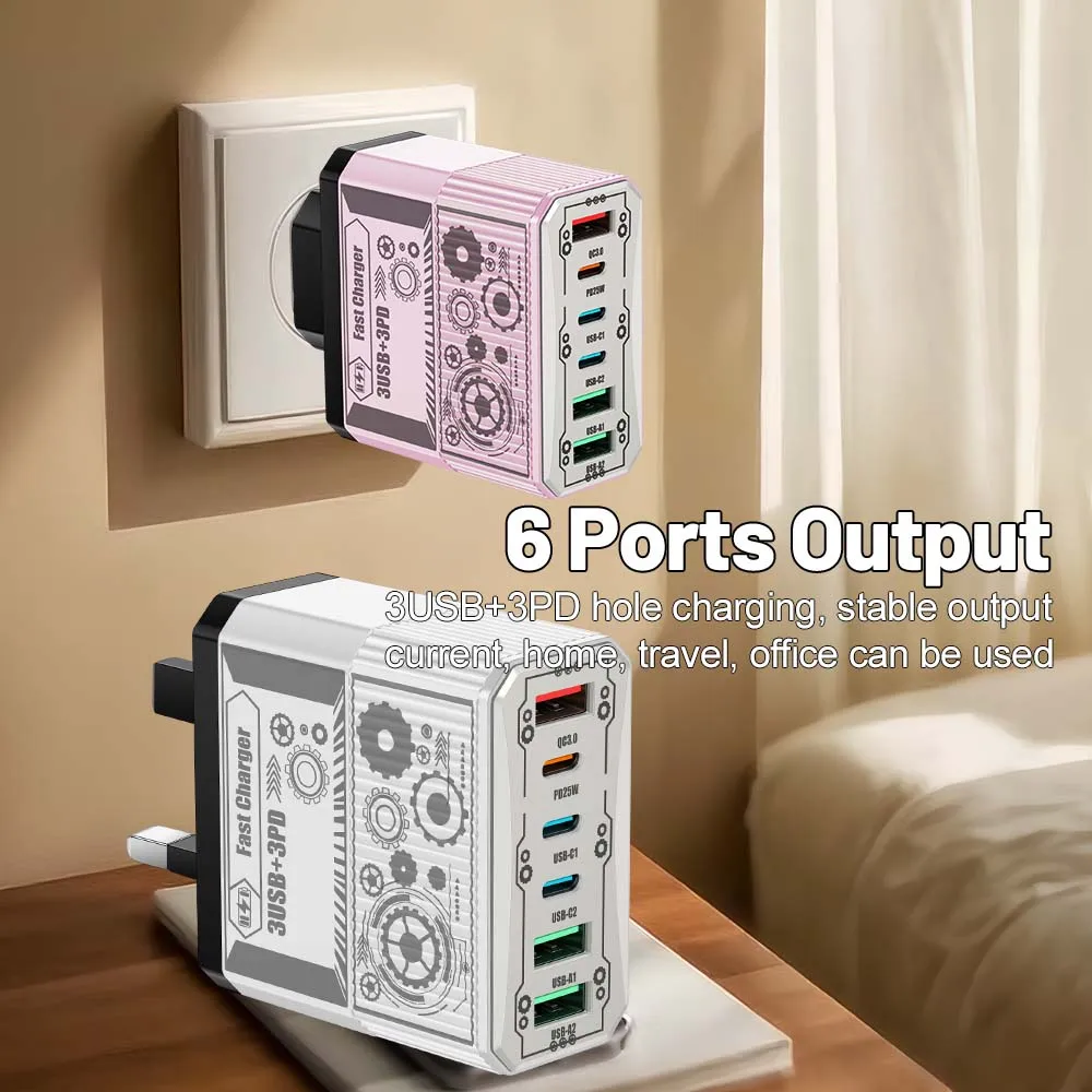 25W 3USB+3PD Charger 6 Ports Fast Charging QC3.0 Type C Mobile Phone Wall Adapter for iPhone Xiaomi Samsung EU/US/UK Plug