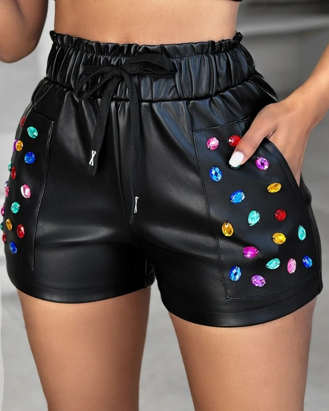 

2024 Summer Women's Shorts Pocket Colorful Rhinestone Drawstring High Waist PU Leather Shorts Loose High Street Black Sexy Short