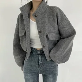 Nouvelle veste courte à col montant automne-hiver, style Harajuku décontracté, manteau tendance à manches longues pour femme