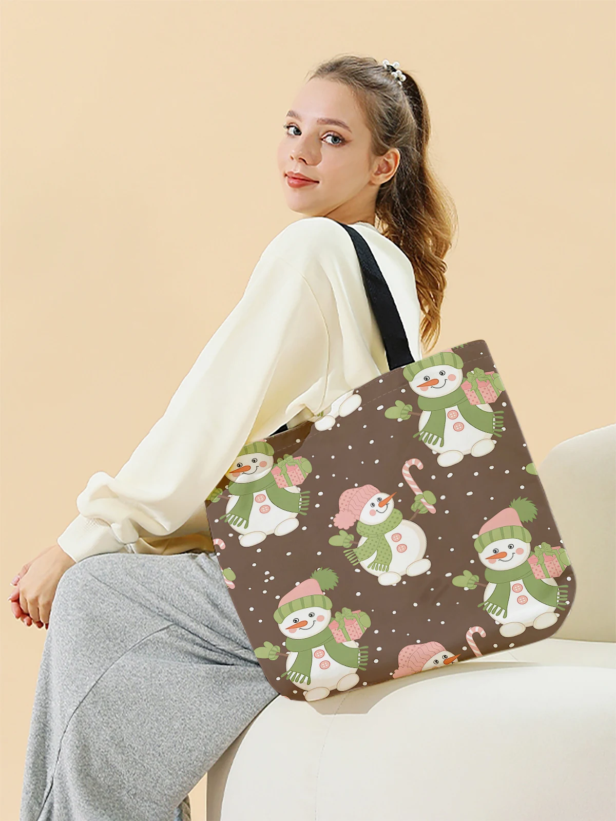 Christmas themed printed casual handbag, reusable fashionable backpack, multifunctional handbag, canvas shopping bag