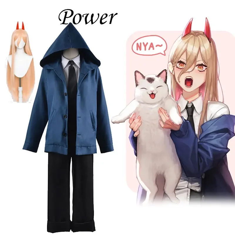 

Anime Chainsaw Man Power Cosplay Wig set Costume Headdress Halloween Blue Jacket Red Pants Suit Uniform for Women