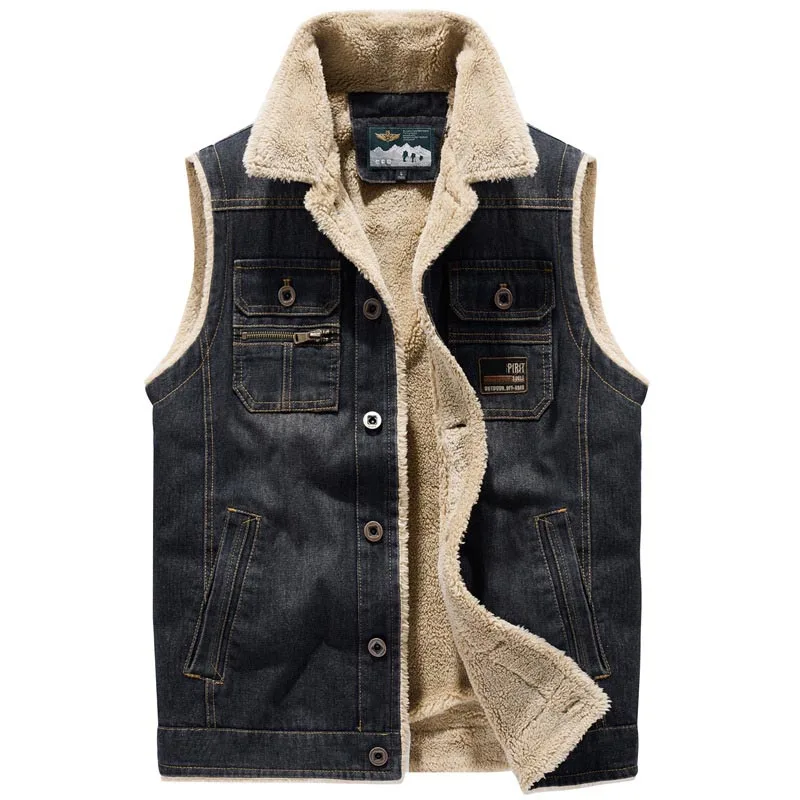 

Mcikkny Men Winter Warm Denim Vest Fleece Lined Thermal Jeans Waistcoats for Male Sleeves Jeans Jackets Multi Pockets