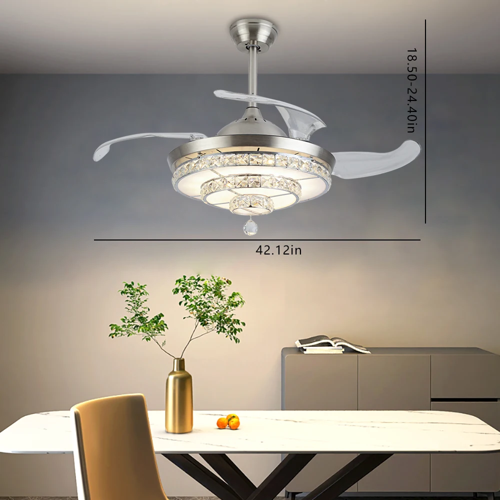 

42 Inch Invisible Ceiling Fan Light LED 3 Colors Chandelier Lamp Retractable Blade 36W/ Remote
