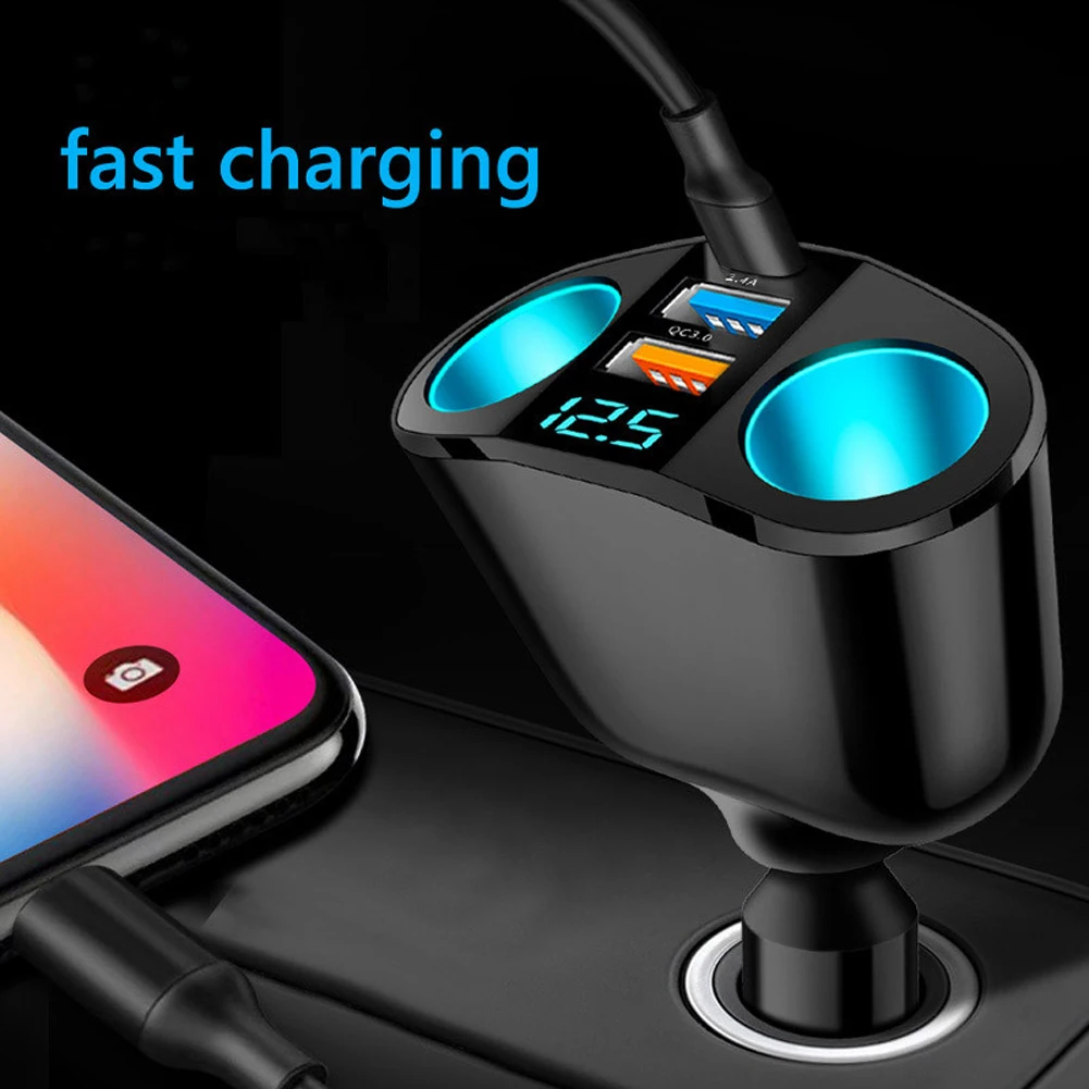 

QC3.0 Car Charger 12V/24V Dual USB Power Adapter Car Cigar Lighter Socket Type-C+QC3.0+2.4A Blue LED Digital Display 120W