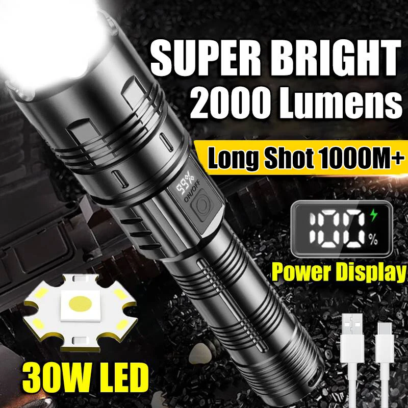 KDULIT High Power LED Flashlight Built-in Battery USB Rechargeable with Power Display Outdoor Camping Long Range Tactical Torch