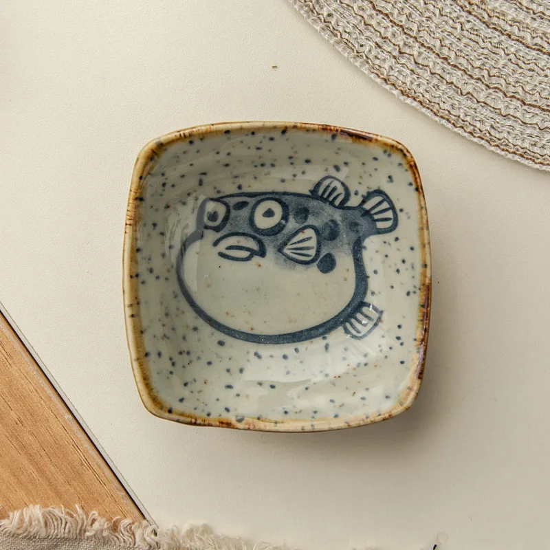 Japanese Vintage Ceramic Square Plate Creative Cartoon Seafood Sauce Dish Seasoning Plate Home Kitchen Tableware