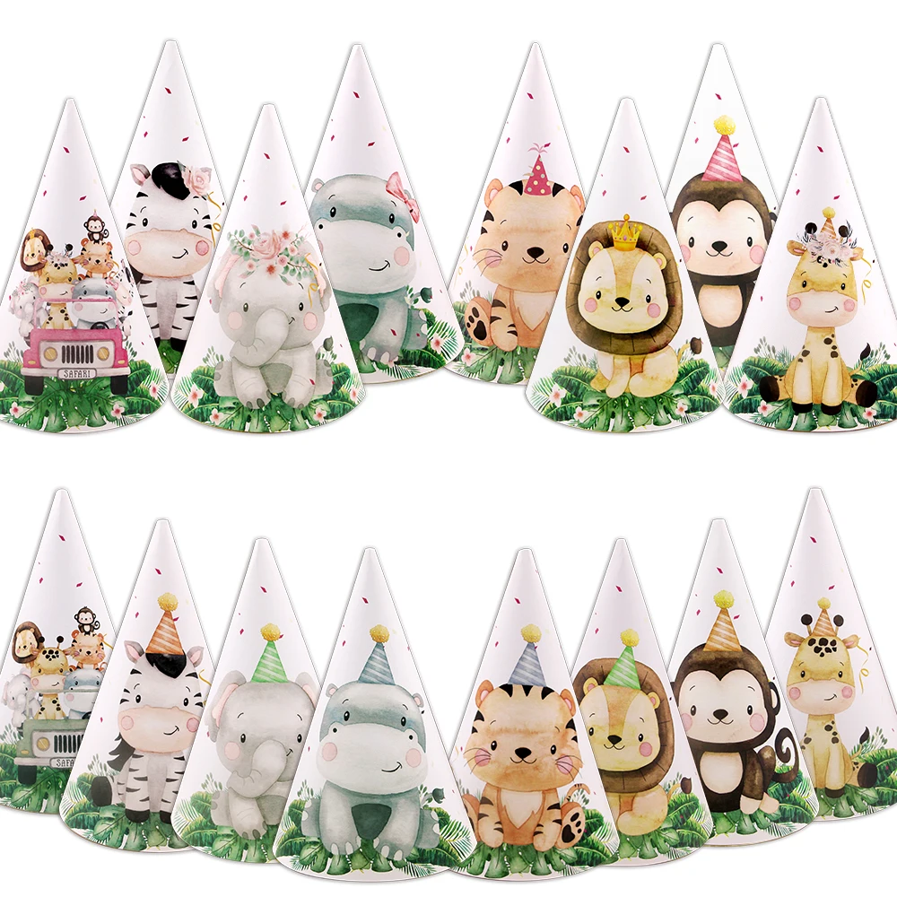 8pcs Wild Animal Paper Party Hats For Kids Jungle Forest Birthday Baby Shower Party DIY Decoration Home Supplies