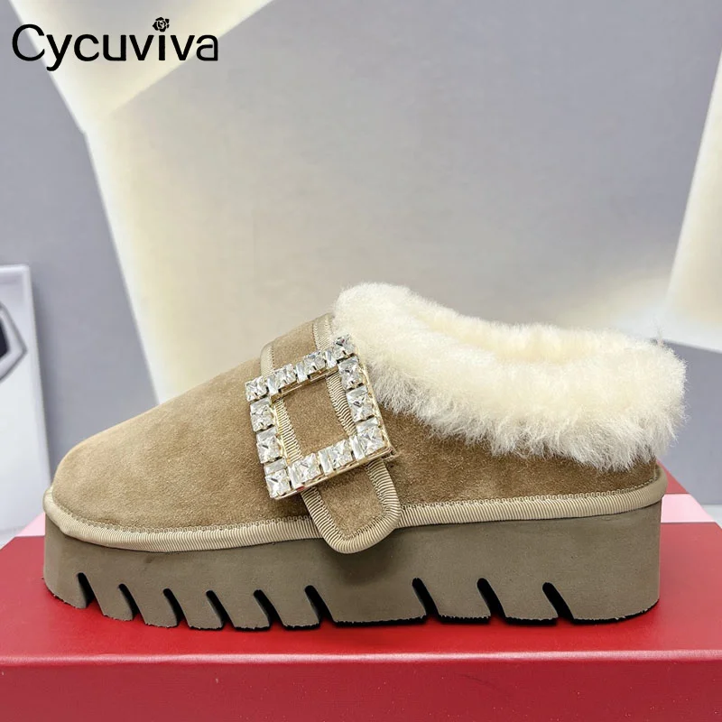 

Winter Square Crystal Buckle Platform Shoes Women's Natural Wool Flat Casual Shoes Snow Boots For Women Thick Sole Fur Sneakers