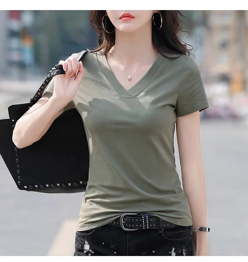 White V-neck Sleeved T-shirt for Women's Summer Wear 2024 New Korean Version Loose Half Sleeved T-shirt Short Upper Garment