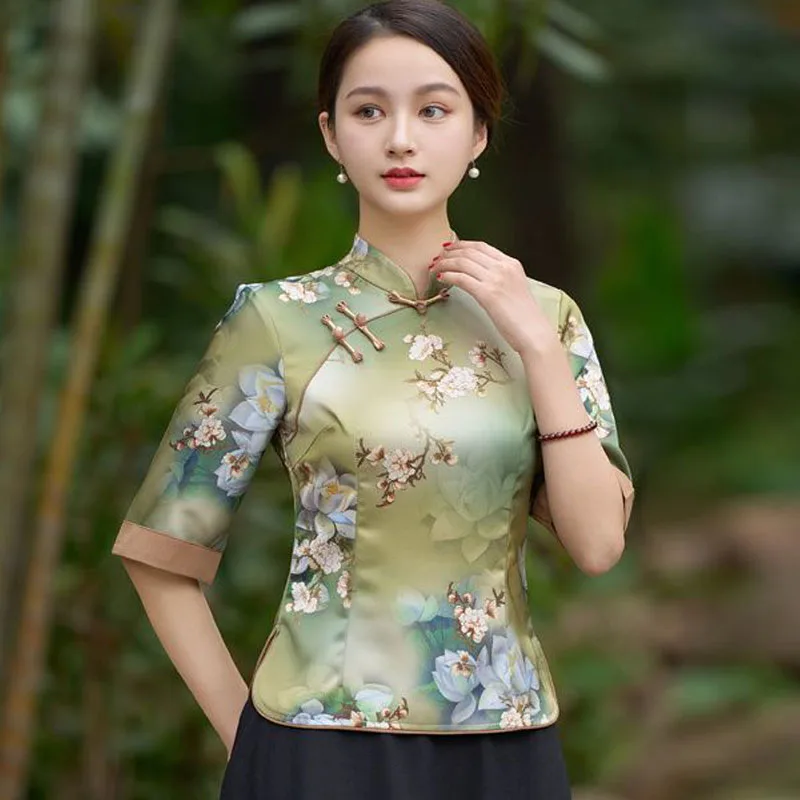 Cheongsam Women's Plus Size Tops 2024 New Fashion Polyester Fabric Prints Splicing Stand Collar Chinese Style Qipao Shirts Woman