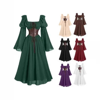 Medieval European and American Halloween New Women's Palace Vintage Dress Horn Sleeve Waist Square Neck Bat Sleeve Long Dress 1