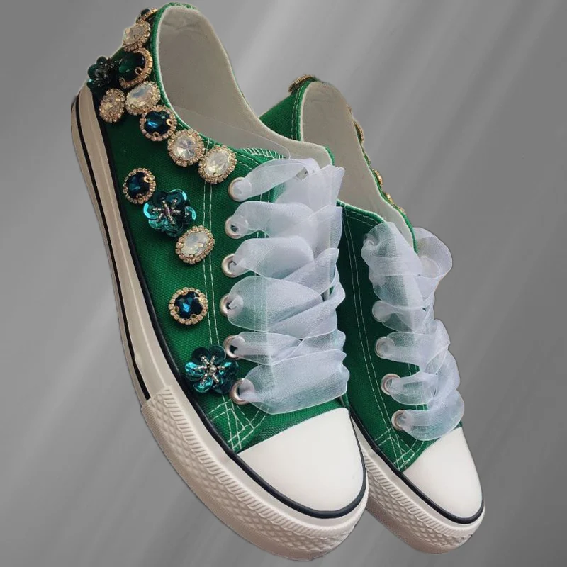 

Low-top lace lace-up classic handmade custom canvas beaded colorful rhinestone casual sneakers women's 35-41