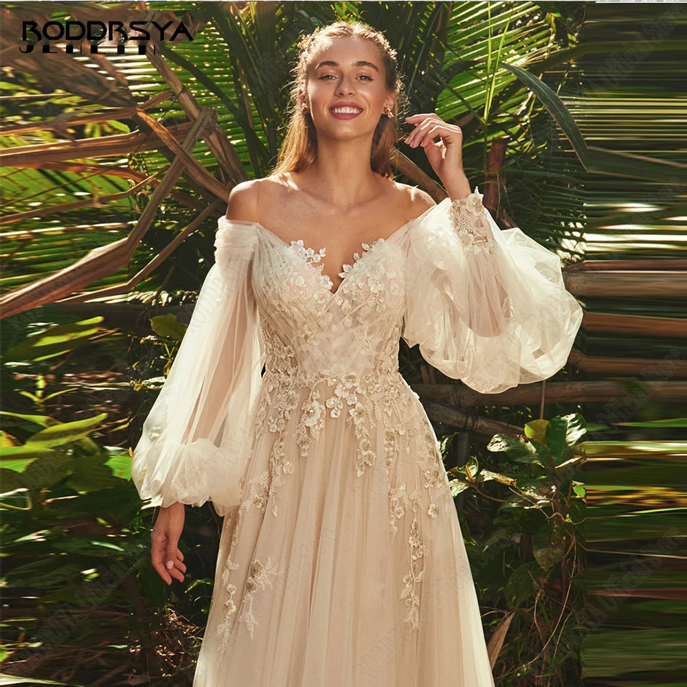 RODRSYA Light Champagne Vestidos de Noiva Pastrol Puff Mangas Longas 3D FlorRODDRSYA Luz Champanhe Vestidos De Casamento Pastrol Puff Mangas Compridas 3D Flores Vestidos De Noiva A Linha Sexy Backless vestidos de novia