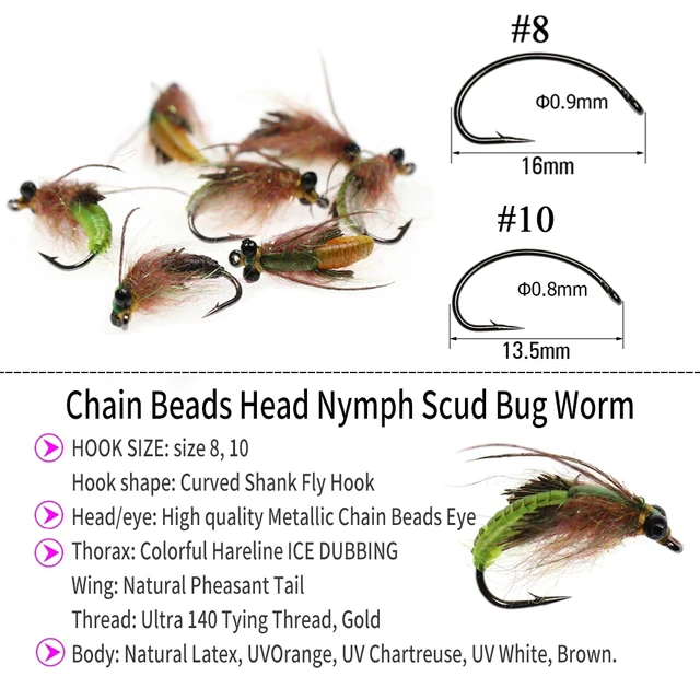 WIFREO 4/6PCS UV Color Chain Bead Head Scud Nymph Bug Worm