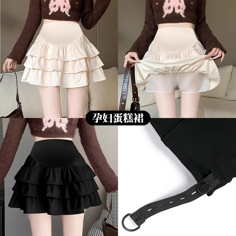 Autumn Winter Pregnant Woman Belly Skirts Sweet High Wiast Maternity Ball Gown Skirt Ruffls Patchwork Pregnancy Cake Skirts Cute