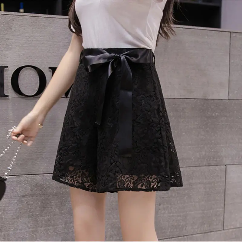 Fashion Zipper Bandage Bow Hollow Out Lace Shorts Women's Clothing 2024 Summer New Loose Sweet Solid Color High Waist Shorts