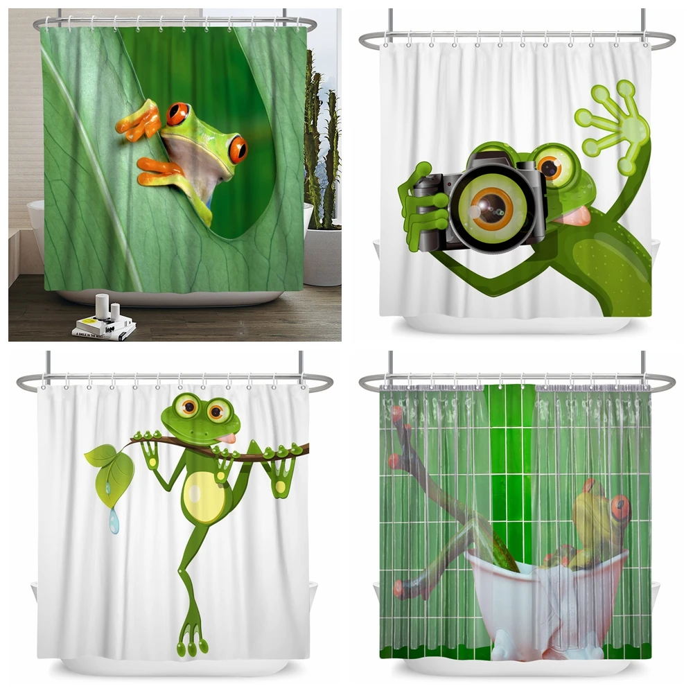 

Funny Frog Cartoon Shower Curtain Sets Leaf Animal Creative Children Bathroom Decor Waterproof Fabric Home Hooks Bath Curtains